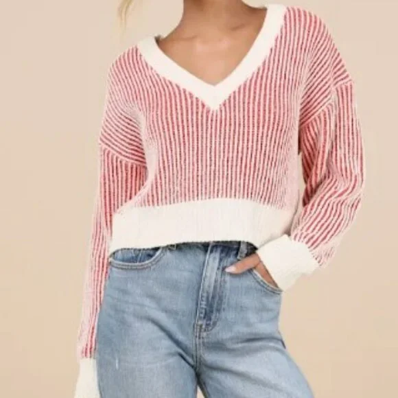 Lulus Attractively Cozy Red And White Striped V-neck Pullover Sweater - Size S - Picture 2 of 7